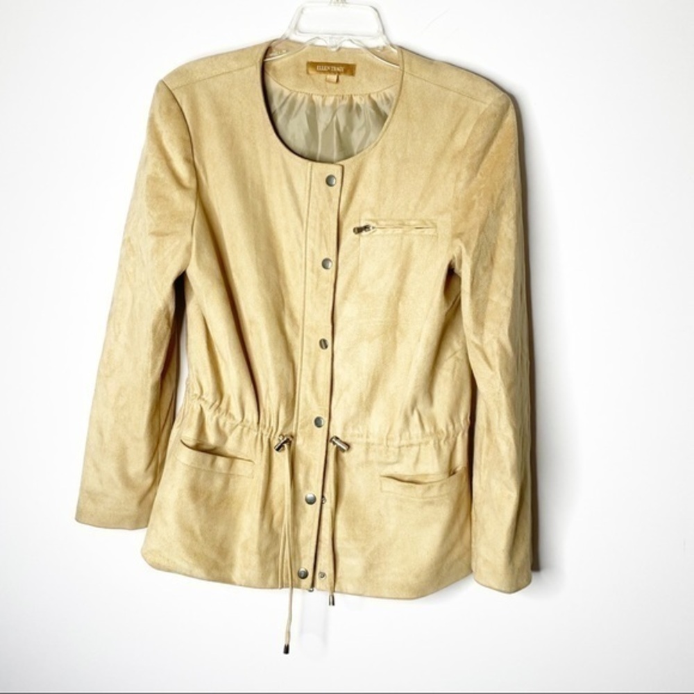 Ellen Tracy Jacket Womens M Tan Faux Suede Utility Drawstring Waist Snap Front